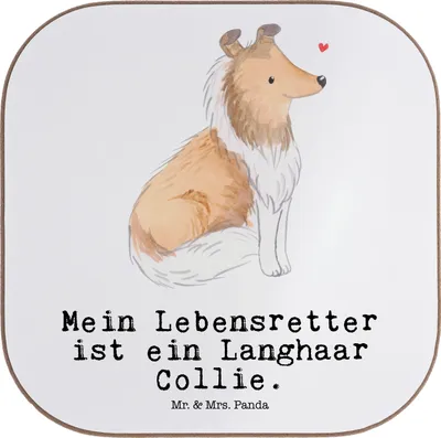 Produktbild von Mr. & Mrs. Panda Untersetzer für Gläser Langhaar Collie Lebensretter - Weiß - Geschenk, Coaster, Britischer Hütehund, gläseruntersetzer, Holzuntersetzer, Tischuntersetzer