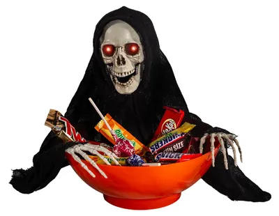 Produktbild von Spooky Bonbonschüssel mit nach dir schnappendem Grim Reaper, KI-generiertes Bild