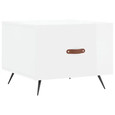 A white side table with a brown leather handle on a white background.