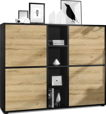 Produktbild von Vladon Highboard Cuba V3,  Germany, Schwarz matt/Eiche Natur - Moderne Anrichte mit 12 Fächern (130,5 x 105,5 x 35,5 cm)
