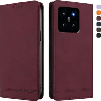 Obrázek produktu pro Pouzdro pro Xiaomi 14, retroPolyuretankožené flip pouzdro s stojánkem a přihrádkami na karty Červený