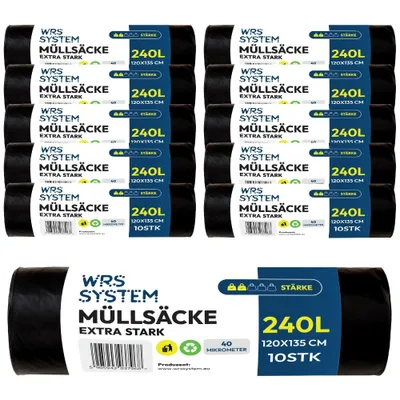 Produktbild von WRS System 10er Set Müllsäcke 240L 10x10 Stk. Strapazierfähige Müllbeutel Mülltüte Bausäcke Bauschuttsäcke - Schwarz - universell für Abfallbehälter
