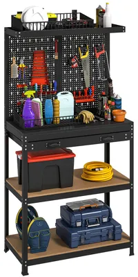 Productafbeelding van Werkbank 80 x 40,5 x 155 cm, gereedschapsbank met gereedschapsbord, haken, lade, 2 planken voor werkplaats, zwart