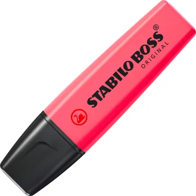 A pink STABILO BOSS ORIGINAL highlighter with a black cap, isolated on a white background.