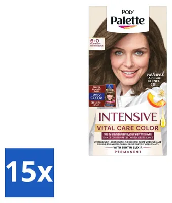 Imagen del producto de 15 tintes para el cabello Poly Palette Vital Care, color 6-0 (rubio claro), 115 ml cada uno, pack de 15 unidades