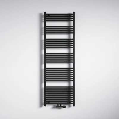 A black radiator is mounted on a white wall.