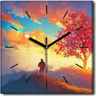 Produktbild von Coloray Uhr auf Leinwand 30x30 cm Wand Uhr Dekoration Wohnzimmer Segeltuch schwarze Hände -Herbstgebirgswaldbäume