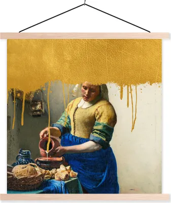 Produktbild von MuchoWow® Textilposter Milchmädchen - Gold - Vermeer 60x60 cm mit holzfarbenen Rahmen - Wanddekoration