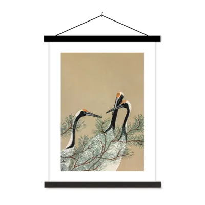 Produktbild von MuchoWow® Textilposter Kranich - Japan - Blätter - Vintage 40x53 cm mit schwarzem Rahmen - Abbildung