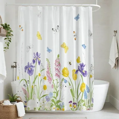 Imagen del producto de Cortina de ducha Ibzoa® de poliéster con estampado floral, 180 x 200 cm – repelente al agua, resistente al moho y antibacteriana, incluye 12 anillas