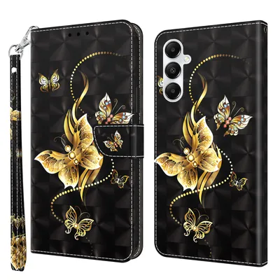 A black flip phone case with a gold butterfly design is shown open, displaying the inside card slots and the phone holder. The case is adorned with intricate gold butterfly and bead patterns against a textured black background. A matching wrist strap is at