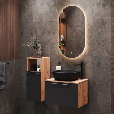 Produktbild von Waschtischunterschrank Astra 60 cm gold eiche / anthrazit mit Aufsatzwaschbecken schwarz und 1x Midischrank gold eiche / anthrazit