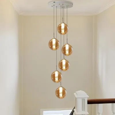 Zdjęcie produktu dla ZMH Lampa wisząca sześciopłomienna idealna do jadalni klatki schodowej regulowana wysokość 180cm szklana w kolorze bursztynowym odpowiednia
