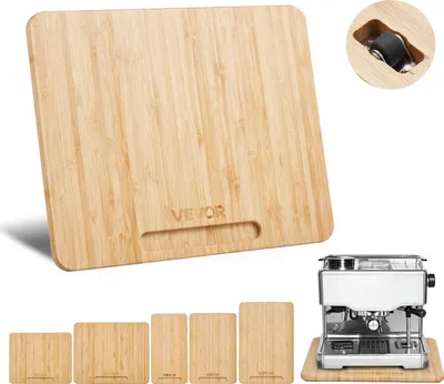A collection of bamboo cutting boards and an espresso machine.