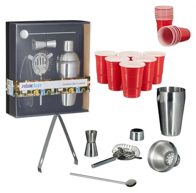 Productafbeelding van Relaxdays cocktailset, 55-delig, inclusief plastic drinkbekers en accessoires van roestvrij staal, cocktailshakerset