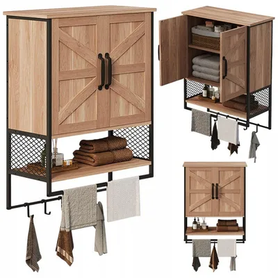 Produktbild von Rustikaler Loft-Wandbadezimmerschrank mit Kleiderstange, Hellbraun