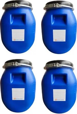 Produktbild von kanister-vertrieb® 4 Stück 30 Liter Deckelfass, Kunststofffass, Futtertonne, Fass, Weithalsfass Farbe blau mit Griffmulde inkl. Etikett (4x30 DGM)