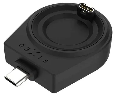 A black USB-C charging adapter for a smartwatch.