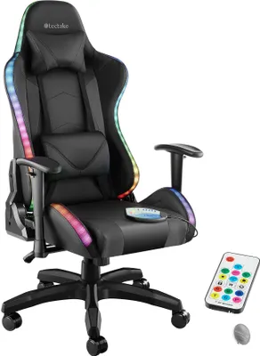 A black gaming chair with RGB lighting and a remote control.