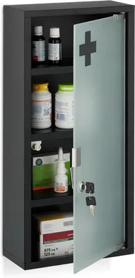 Produktbild von Medizinschrank - 4 Fächer - 57 x 27 x 12 cm - Erste-Hilfe-Kasten mit Schloss - Stahl - Milchglas-Tür - Wandmontage - Schwarz