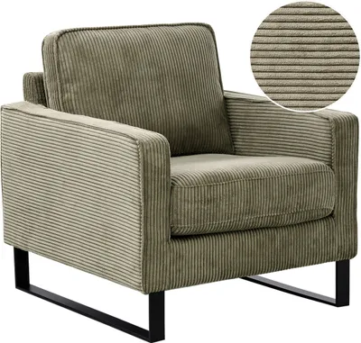 Produktbild von BELIANI Sessel Grün Cord mit Schwarzen Edelstahlfüßen Dicke Polsterung Niedrige Armlehnen Retro Wohnzimmer Schlafzimmer Flur Ausstattung Sitzmöbel