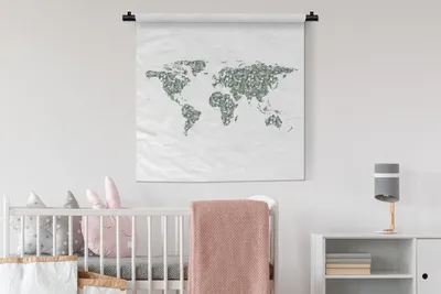 Produktbild von MuchoWow® Wandteppich Wandbehang Weltkarte - Blätter - Weiß 90x90 cm Tapisserie Dekoration Wandtuch - Wandaufhänger