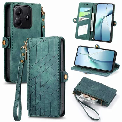 Produktbild von Für Xiaomi Redmi Note 14 5G Geometric Design Kunstleder Zipper Book Wallet Tasche mit Schlaufe Grün