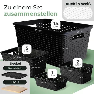 Productafbeelding van Novaliv opbergbox met deksel, klein, 5 liter, zwarte mand in rotanlook, geschikt voor voedsel, opbergmand, stapelbare box, nestbaar, kunststof, BPA-vrij, doos, opbergbox met deksel
