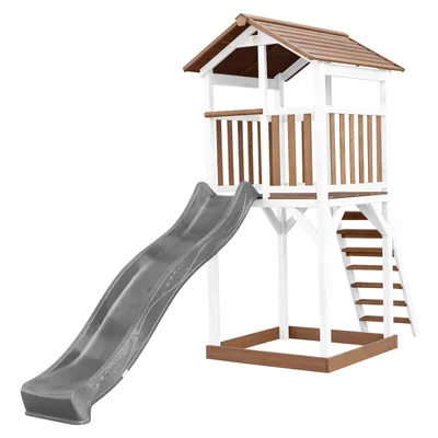 Produktbild von AXI Beach Tower Spielturm aus Holz in Braun & Weiß | Spielhaus für Kinder mit grauer Rutsche und Sandkasten | Stelzenhaus für den Garten