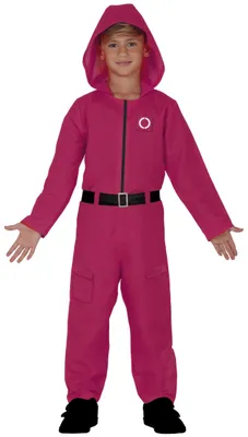 Productafbeelding van Filmheld kostuum, avontuurlijk ontwerp, roze met capuchon. Inclusief speelbadge. Vorm: cirkel en vierkant. Gamer kostuum, kinderkleding, filmthema, carnaval, plezier, rollenspel, teamkleding. Maat: 110/116. Kleur: roze