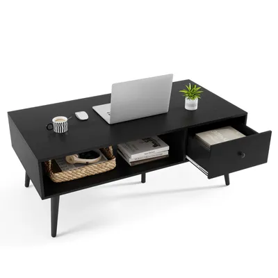Produktbild von GOPLUS Couchtisch, Wohnzimmertisch mit Schublade & offener Ablage, Kaffeetisch Beistelltisch Sofatisch für Wohnzimmer, Schlafzimmer & Büro (Schwarz)