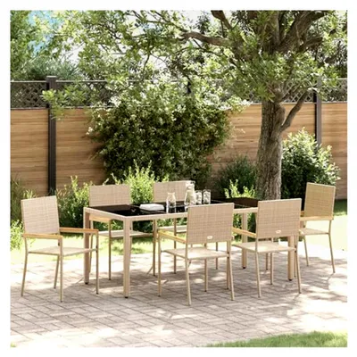 Produktbild von 7-teiliges Gartenset Beige Poly-Rattan, Gartenmöbel Essgruppe Tisch für Terrasse und Garten