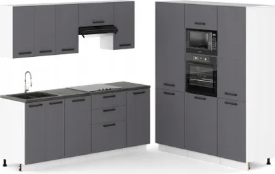 Zdjęcie produktu dla ULWEHOME Meble kuchenne Zestaw mebli kuchennych Kuchnia COMO 360cm | szafka •blat•słupek piekarnik-mikrofala•słup gospodarczy•lodówka | Antracyt 3,6m