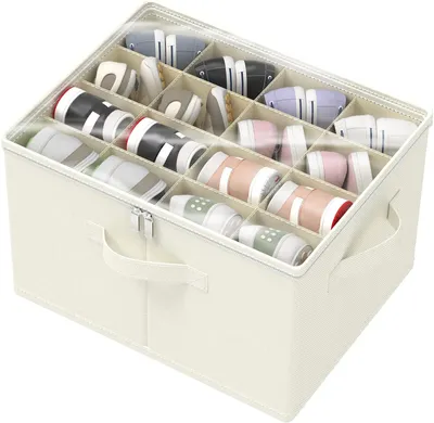 Image de Boîte de rangement pour chaussures, 53x42x33 cm, beige, avec 3 poignées, couvercle transparent, pour étagères