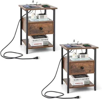Image de Table de chevet - Avec station de charge intégrée - Marron rustique - Bois - 40x40x55 cm