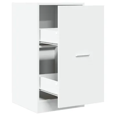 A white cabinet with an open door and visible drawers, set against a white background.
