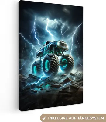 Produktbild von MuchoWow® - Leinwandbilder - Monstertruck - Blitz - Blau - Jungen - Auto, Wandbild, Wanddeko Bilder Wohnzimmer, 80x120 cm