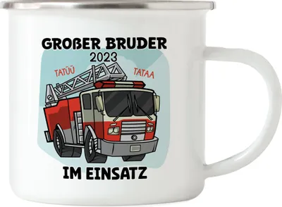 Produktbild von Großer Bruder 2023 Emaille Tasse Feuerwehrmann Retter Beschützer Geschwister Liebe Familie Geborgenheit