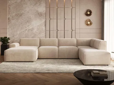 Produktbild von GrainGold Ecksofa U-Form Rechts Belluno - Ecksofa mit Schlaffunktion, Bettkasten - Moderne Ecksofa, Wohnzimmer Sofa - Eckcouch Beige (Castel 15)