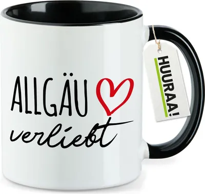 Produktbild von Huuraa Kaffeetasse Allgäu verliebt 330ml Schwarz Keramik Kaffeebecher Geschenkidee
