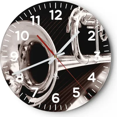 Produktbild von Wanduhr - Rund - Glasuhr - Musik Trompete Instrument Orchester - 30x30cm - Schleichendes Uhrwerk - Lautlos - zum Aufhängen bereit - Dekoration Modern - Wanddekoration aus Glas - C4AR30x30-1553