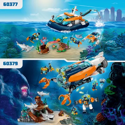 Image de LEGO 60377 City explorer dive boat, ensemble avec bateau, mini sous-marin, minifigures d'animaux marins et accessoires de plongée sous-marine pour les enfants, garçons et filles, à partir de 5 ans