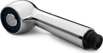 A chrome-finished shower head with blue spray nozzles, shown on a white background.