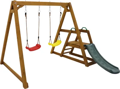 Produktbild von Merax Gartenspielhäuser Spielturm mit Schaukel und Rutsche Garten, Doppelschaukel Kinderschaukel Schaukelgerüst mit Leiter, 238,5x240x168,9cm, Massivholz, Braun