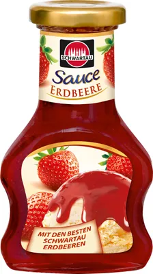 A bottle of strawberry sauce on a white background.