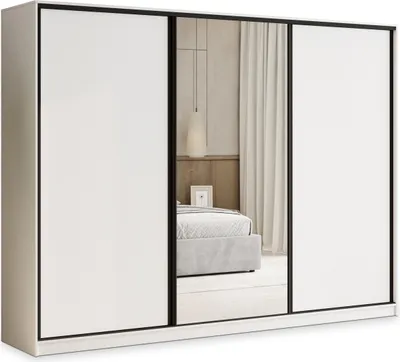 Produktbild von Masseno Schiebetürenschrank TARI 270/205/58 cm Kleiderschrank mit 4 Schubladen Schlafzimmer Schrank 3-türig mit Spiegel Weiß