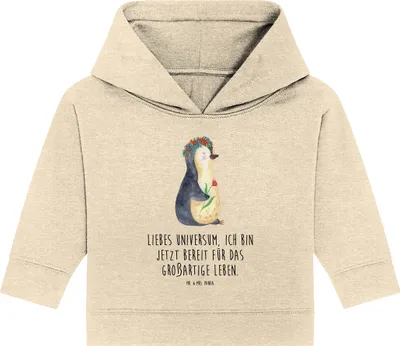 Produktbild von Mr. & Mrs. Panda Organic Baby Hoodie Pinguin Blumen 12. - 18. Monat - Natural Raw - Geschenk, Kapuzenshirt, Kapuzensweatshirt, Positiv, Leben, Ziele