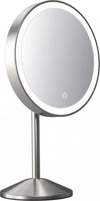 A silver LED makeup mirror on a stand, shown against a white background.