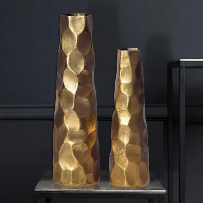 Immagine prodotto di FineBuy, set di 2 vasi decorativi in alluminio dorato, ideali per fiori, decorazioni per la casa, realizzati a mano, in metallo, per tavola