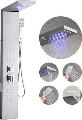 Produktbild von VEVOR Duschpaneel-Turmsystem (5 Modi) mit Regenwasserfall-Duschkopf & LED, (1345 mm) Duschsäule aus gebürstetem Edelstahl, Regenmassagesystem zur Wandmontage, mit Handbrause & 4 Körperbrausen